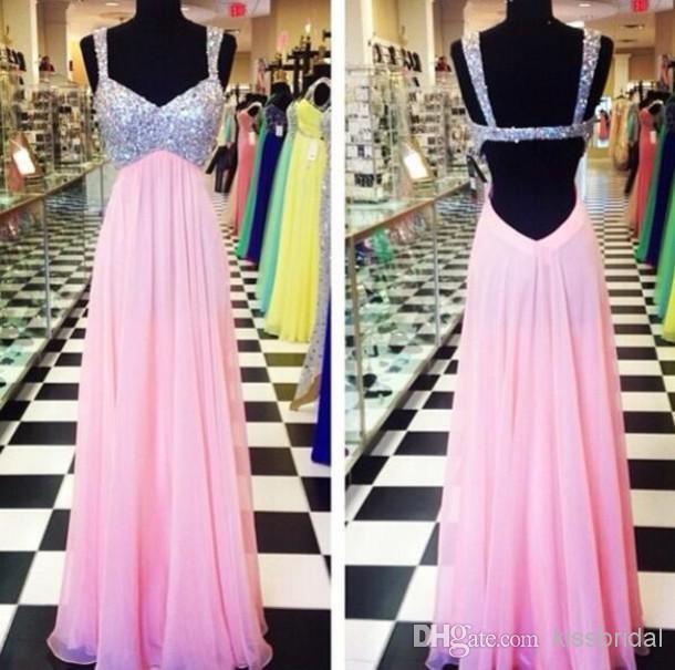 Brand Classic Real Photo Sequins Prom Dresses Straps Backless A-line Floor-length Chiffon Pink Pageant Gown Evening Dress
