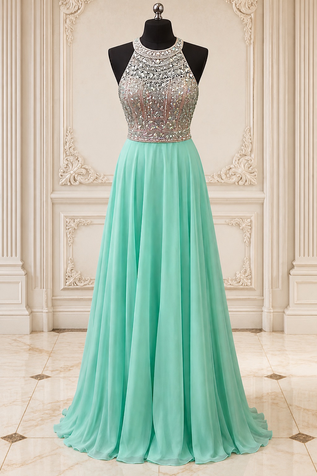 mint green beaded dress Halter Evening Prom With Flowing Chiffon Skirt And Sparkling Bodice on Luulla Midi dress