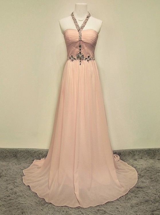 Blush Pink Halter Ruched Beaded A-line Chiffon Long Prom Dress, Evening Dress