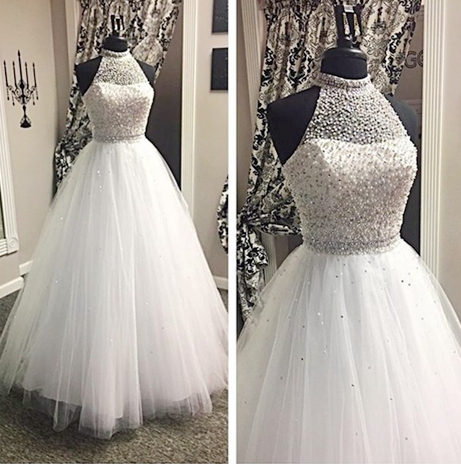 White Prom Dresses,tulle Prom Dress,modest Prom Gown,silver Beadedprom Gown,princess Evening Dress,ball Gown Evening Gowns,beaded Party