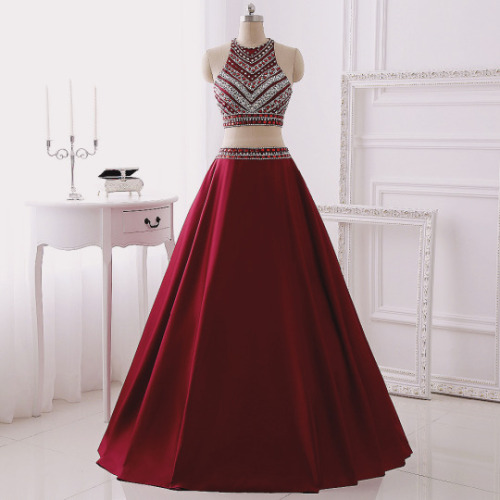 Red Two Piece Prom Dresses,Satin Evening Dress,Modest Prom Dress -  Landress.co.uk