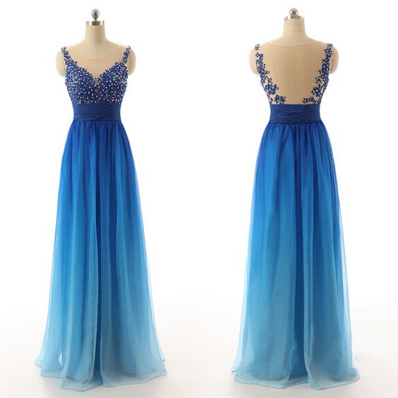 Ombre Blue Prom Dresses,evening Gowns,sexy Formal Dresses,beaded Prom Dresses,ombre Evening Gown,evening Dress,chiffon Prom Dresses