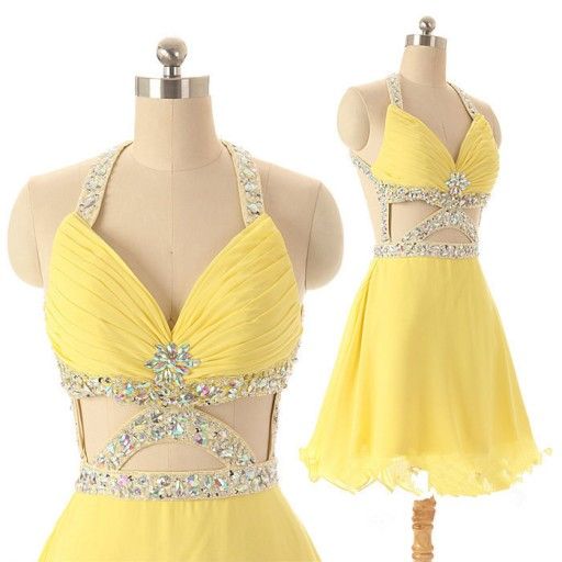 yellow two piece short prom dresses