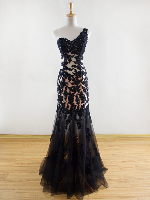 Black Prom Dresses,one Shoulder Prom Dress,tulle Prom Dress,long Prom Dresses With Lace Applique, Black Formal Dresses
