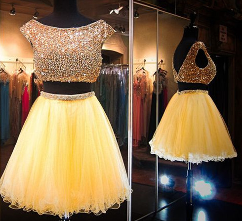 Pink Homecoming Dress,2 Piece Homecoming Dresses,Beading Homecoming Gowns,Short Prom Gown,Sweet 16 Dress,Bling Homecoming Dress,2 pieces Cocktail Dress,Yellow Evening Gowns