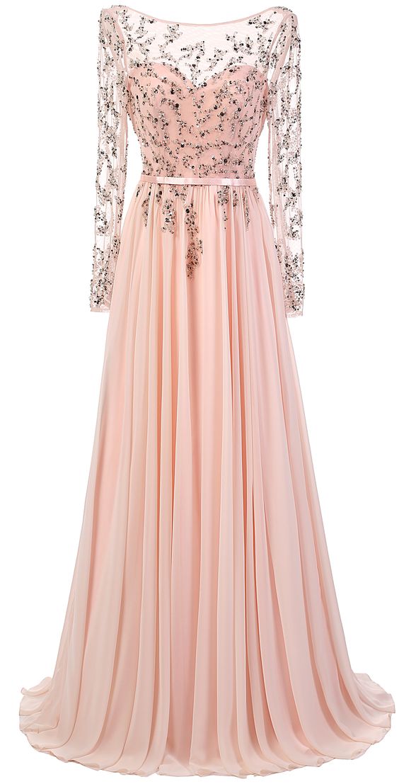 Floor Length Chiffon A Line Prom Dress Featuring Beaded Embellished Long Sleeve Sweetheart