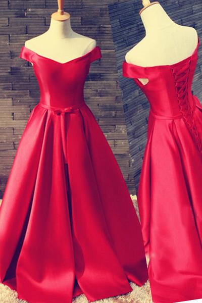 Prom Dresses,evening Dress,pretty Off Shoulder Floor Length Satin Red Prom/evening Dress With Belt