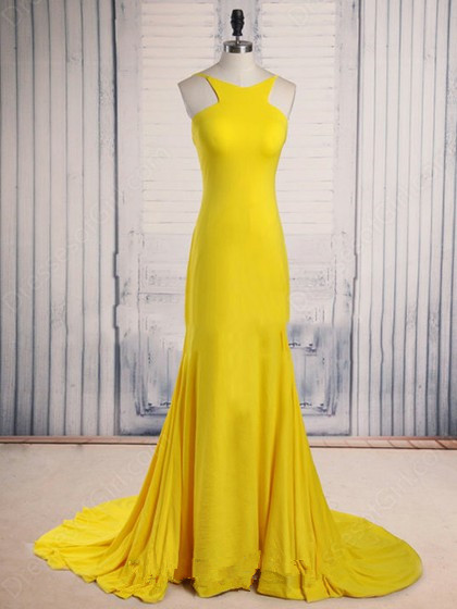 Prom Dresses,evening Dress,pretty Handmade Yellow Scoop Neck Court Train Ruffles Backless Prom Dress, Prom Dresses