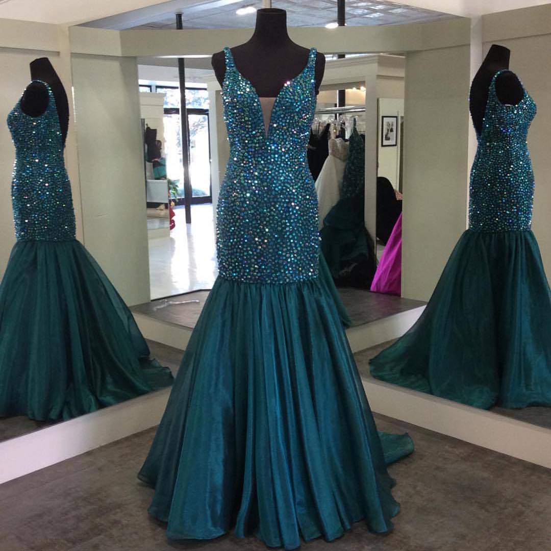 Prom Dresses,evening Dress,v Neck Crystal Beaded Mermaid Prom Dresses 2017 Sparkly Gowns 2017,glitter Prom Gowns