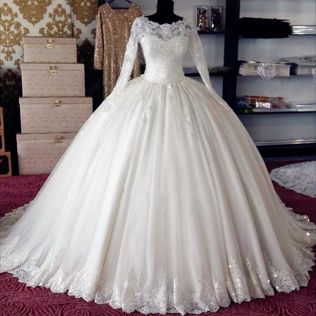 Round Neck Lace Appliqués Ball Gown Wedding Dress With Long Sleeves