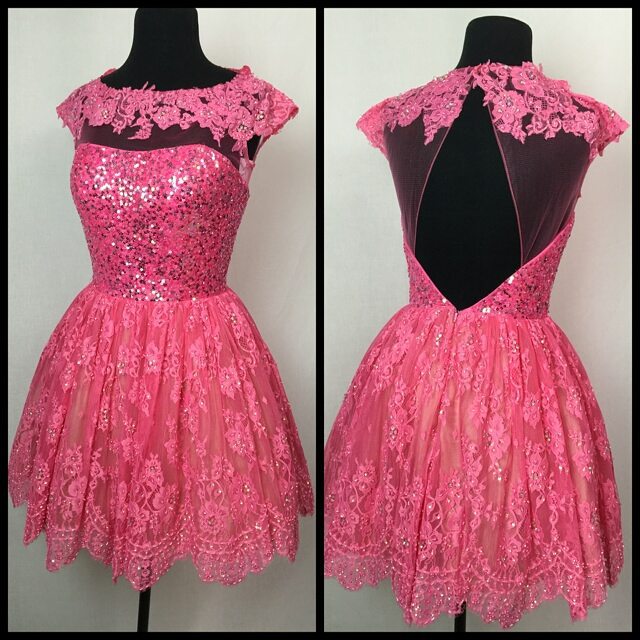 Prom Dresses,homecoming Dresses,pink Lace Homecoming Dresses Cap Sleeves Open Back Prom Dresses Short 2017 Homecoming Dress