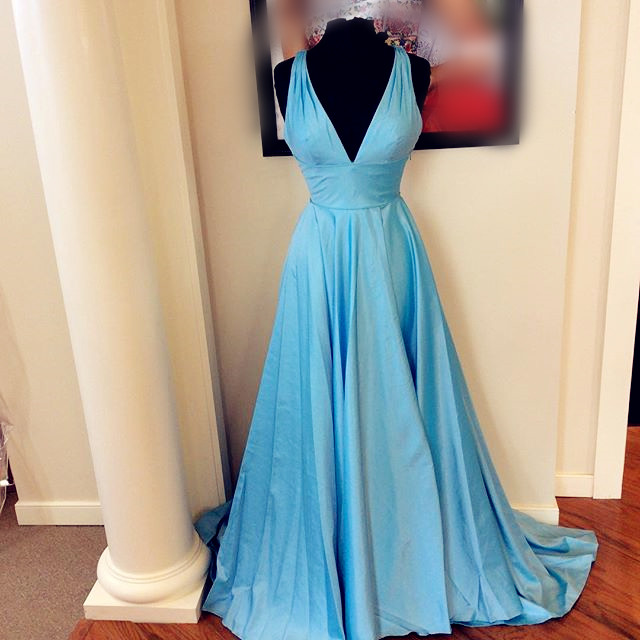 Prom Dresses,Evening Dress,New Arrival Prom Dress,Modest Prom Dress,long v neck satin ball gowns evening dresses 2017 simple sky blue prom dress