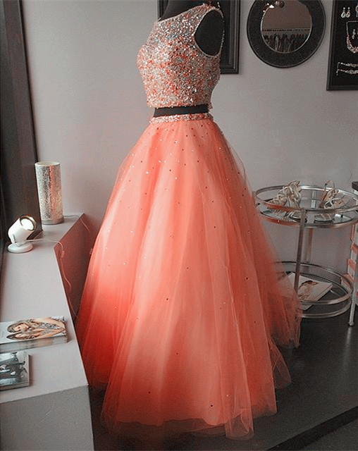 Prom Dresses,evening Dress, Prom Dress,modest Prom Dress,coral Pink Two Piece Ball Gowns Quinceanera Dresses With Crystal Beaded And Sequins