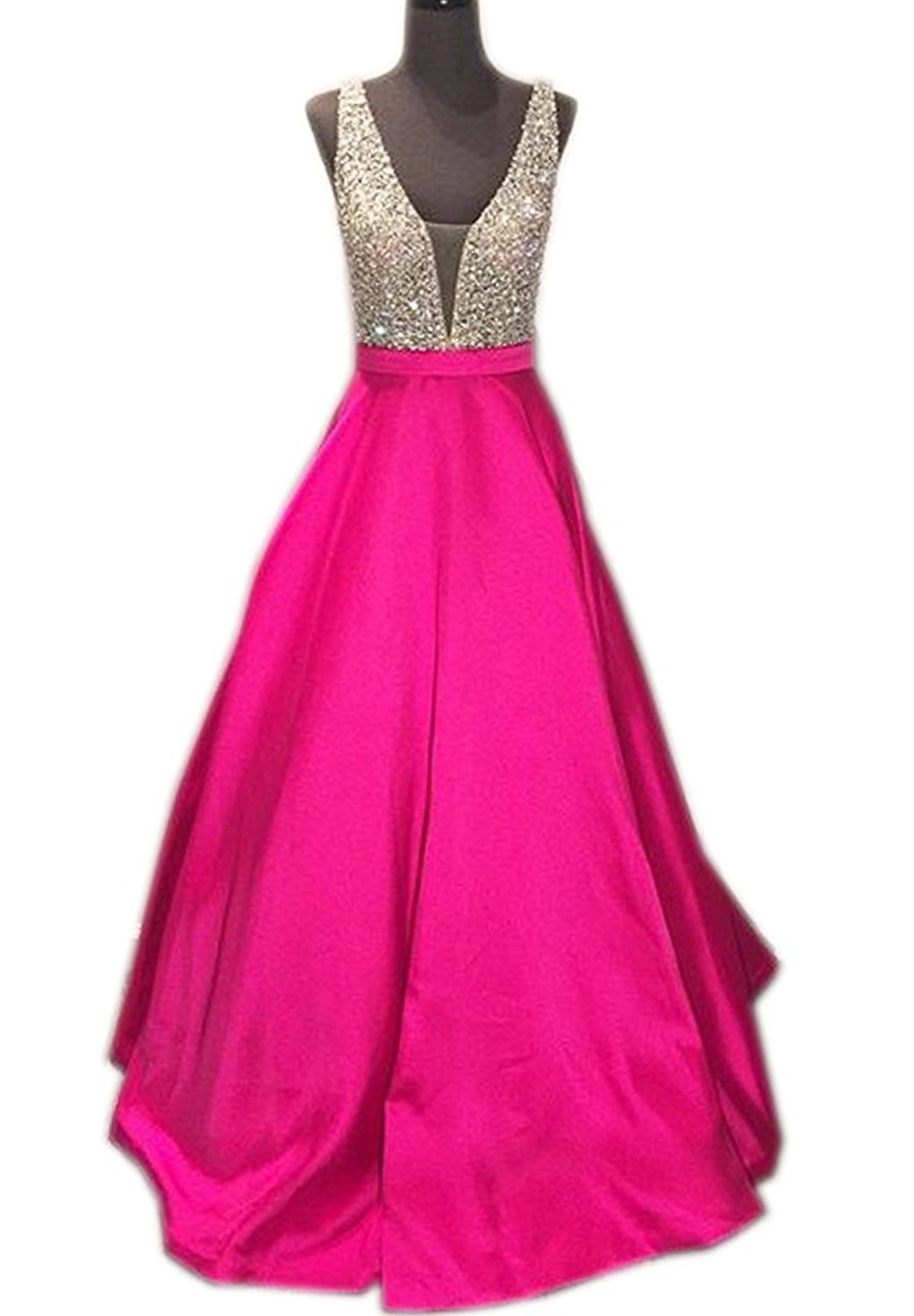 Prom Dresses,evening Dress, Prom Dress,modest Prom Dress,elegant Crystal Beaded V Neck Long Satin Pink Ball Gowns Prom Dress 2017