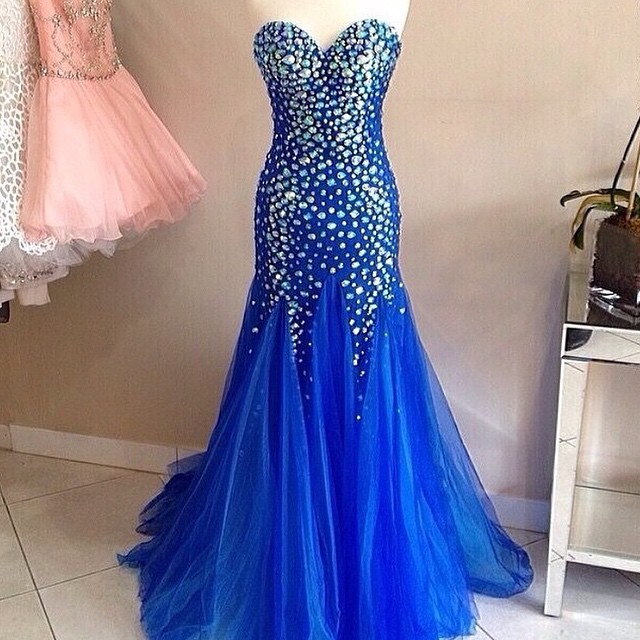 Prom Dresses,evening Dress, Prom Dress,modest Prom Dress,royal Blue Mermaid Prom Dresses Long Sweetheart Evening Gowns Crystal Beaded 2017