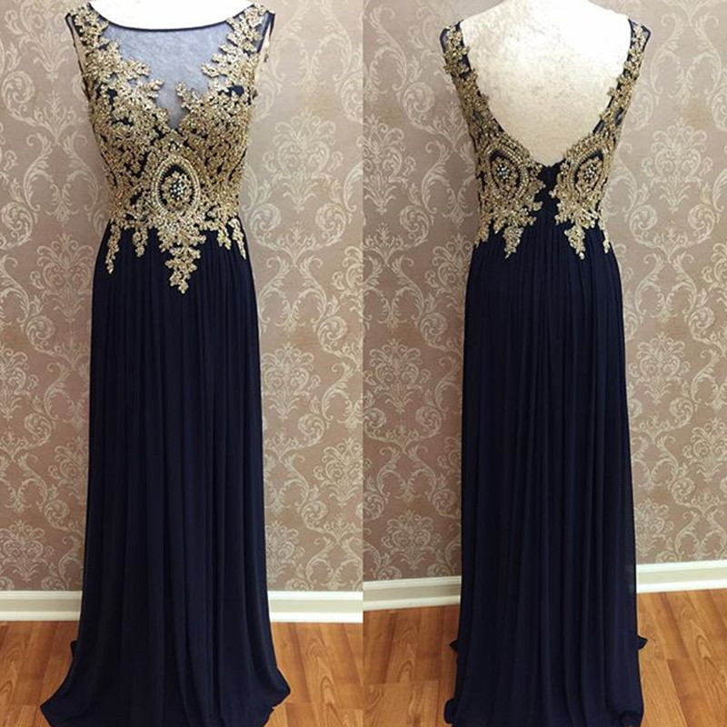 Prom Dresses,evening Dress,chiffon Prom Dress,open Back Prom Dress,gold Lace Appliques Prom Dress,long Evening Dress,formal Gowns,bridesmaid