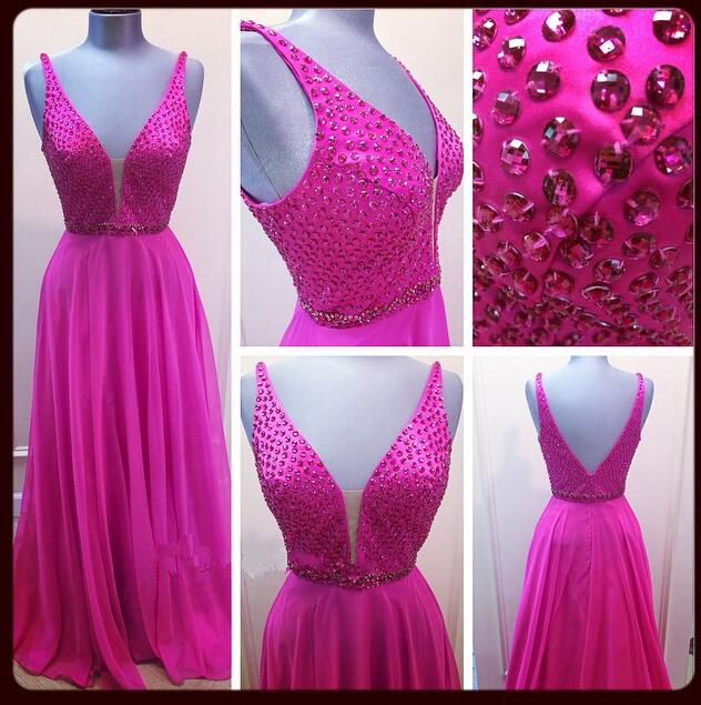 Prom Dresses,evening Dress, Prom Dress,modest Prom Dress,fuchsia Plunging V Neck Chiffon Formal Gown With Beaded Bodice With V Back