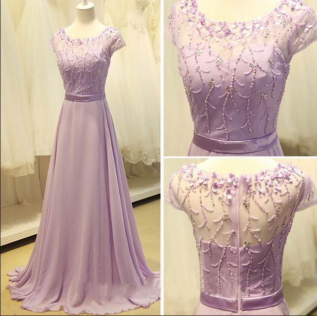 Prom Dresses,evening Dress, Prom Dress,modest Prom Dress,cap Sleeve Light Purple Long Chiffon Prom Dress A Line Party Dresses Bridesmaid Dress