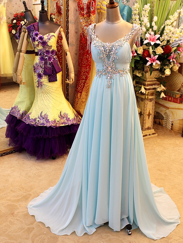 Prom Dresses,evening Dress,a-line Backless Blue Evening Dresses V-neck Crystal Beading Blingbling Prom Gowns