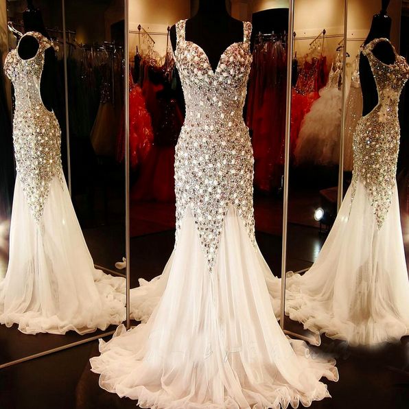 Prom Dresses,evening Dress,prom Dresses,glamorous V-neck Tulle Evening Dress Beadings Crystals Sweep Train Prom Dress
