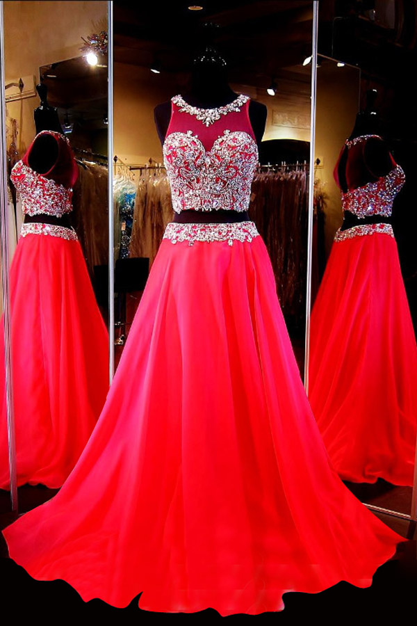 Prom Dresses,evening Dress,generous Two-piece Scoop Sleeveless Red Chiffon Sweep Train Prom Dress With Beading