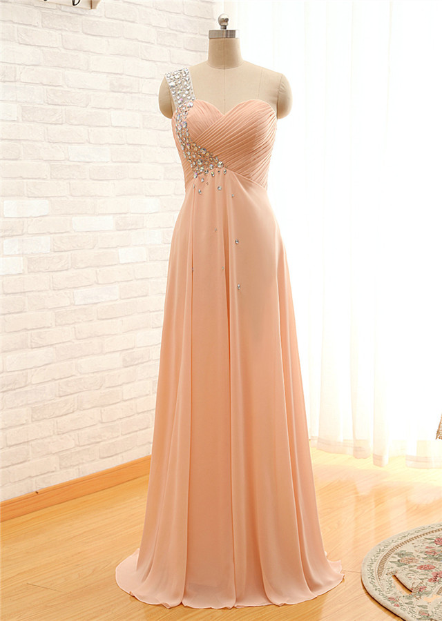 Blush Pink One-shoulder Beaded Ruched Chiffon Floor-length Prom Dress, Evening Dress