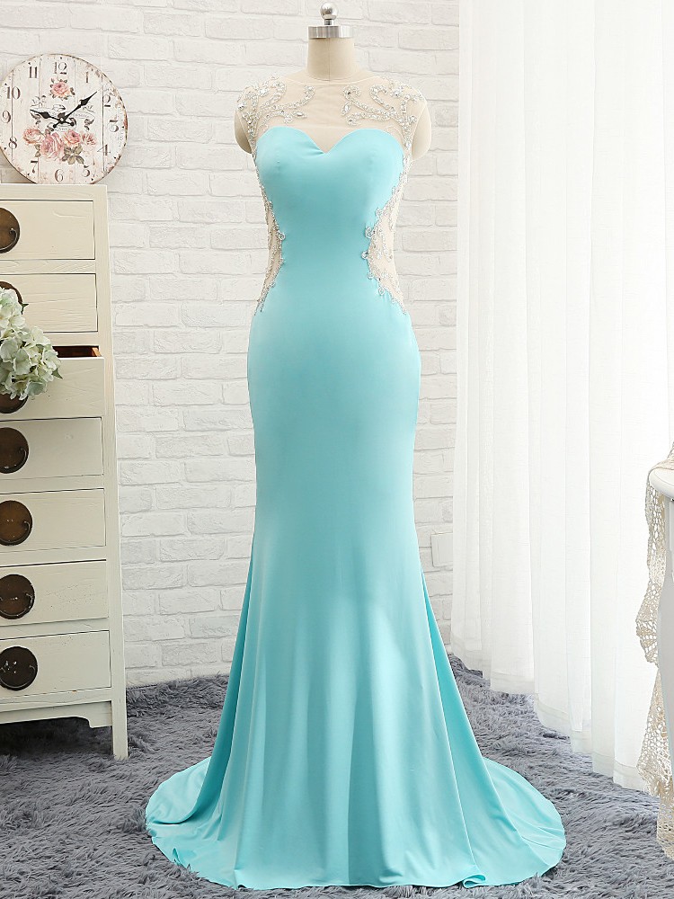 Prom Dresses,evening Dress,modest Prom Dresses,sexy Prom Dress,goregeous Blue Crystal Summer Prom Dresses Mermaid Long Open Back Evening Gowns