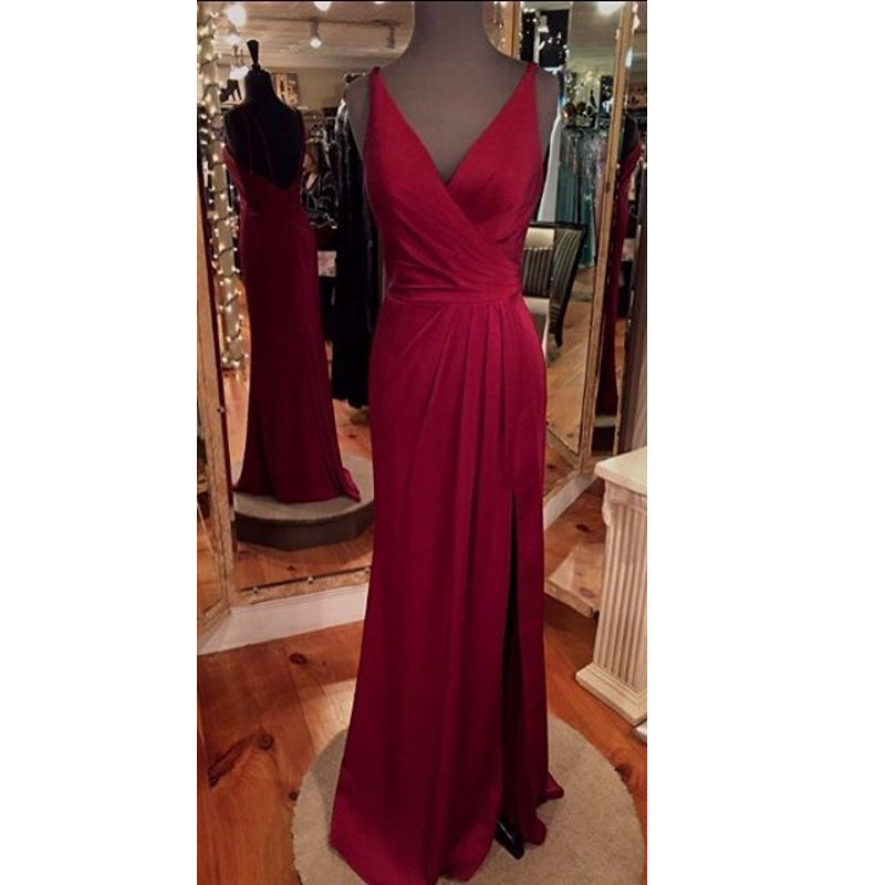 Prom Dresses,evening Dress,gorgeous Wine Red V Neck Chiffon Open Back Prom Dress With Side Slit Burgundy Prom Dresses