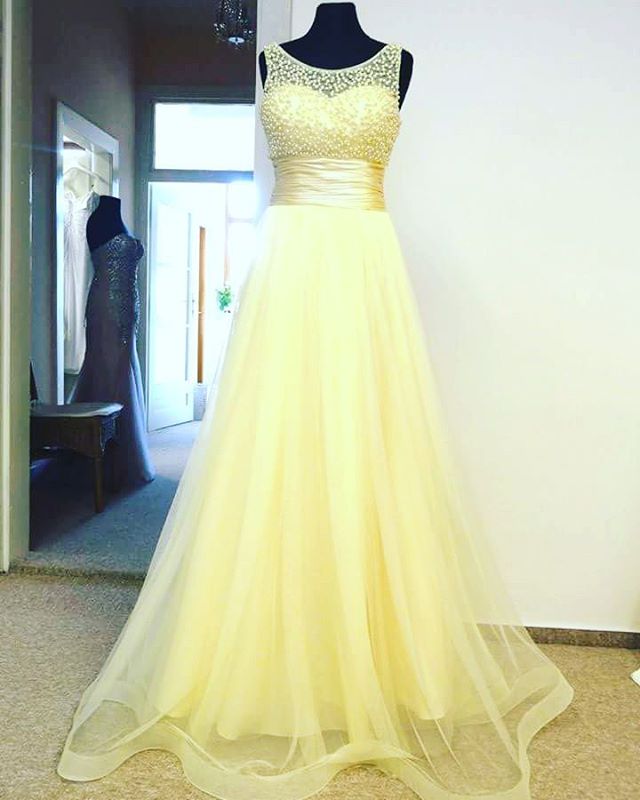Prom Dresses,evening Dress,evening Dress,prom Dress,prom Dresses,yellow Tulle Empire Long Prom Dress , Formal Gown With Beaded Bodice