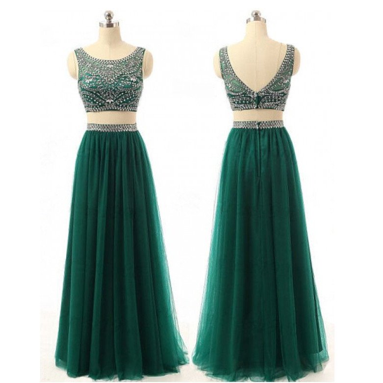 Prom Dresses,evening Dress,sexy Evening Gowns Dark Green Two Piece Prom Dress, Formal Gown , Evening Dress With Beaded Crop Top