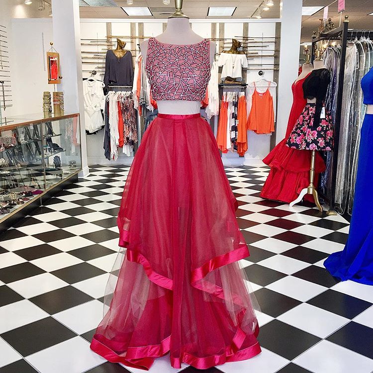 Prom Dresses,evening Dress,sexy Evening Gowns Red Tulle Two Piece Prom Dress , Formal Gown, Sequined Crop Top