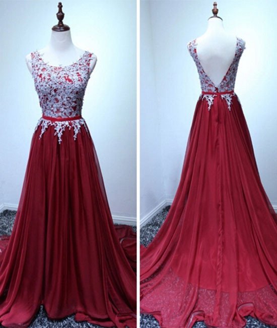 Prom Dresses,evening Dress,burgundy Long Chiffon Prom Dress With Lace Appliques, Wine Red Prom Gowns 2017, Party Dresses