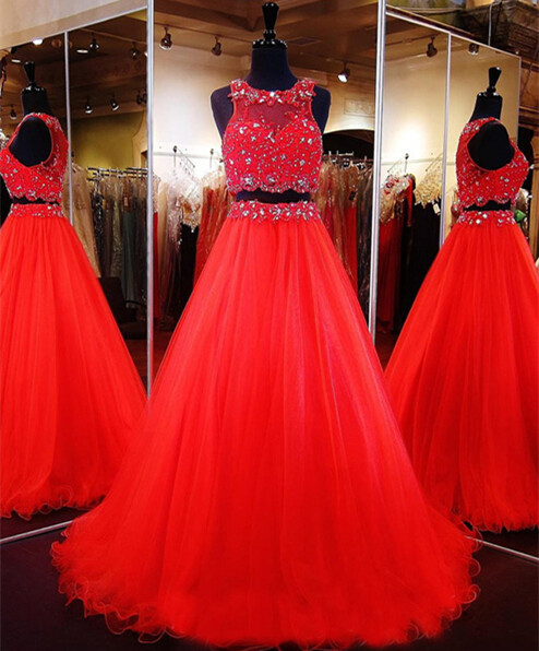 Prom Dresses,evening Dress,2 Piece Prom Gown,two Piece Prom Dresses,red Evening Gowns,2 Pieces Party Dresses,tulle Evening Gowns,sparkle Formal