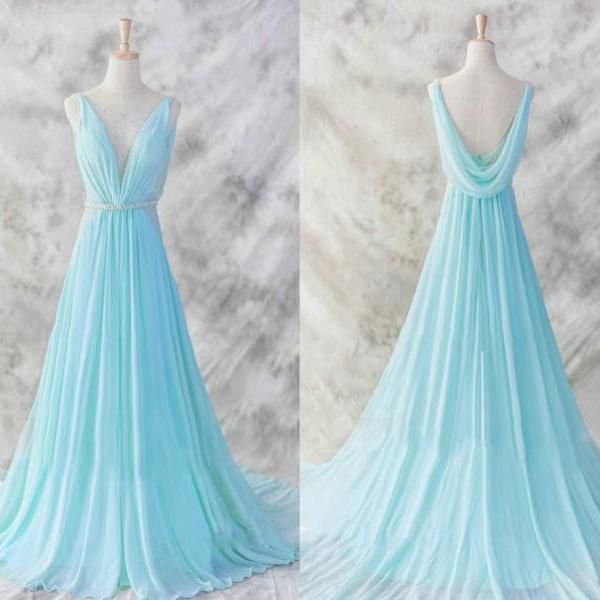 Prom Dresses,evening Dress, Prom Dress,light Blue Chiffon Long Prom Dresses,elegant A-line V-neck Chiffon Prom Dresses