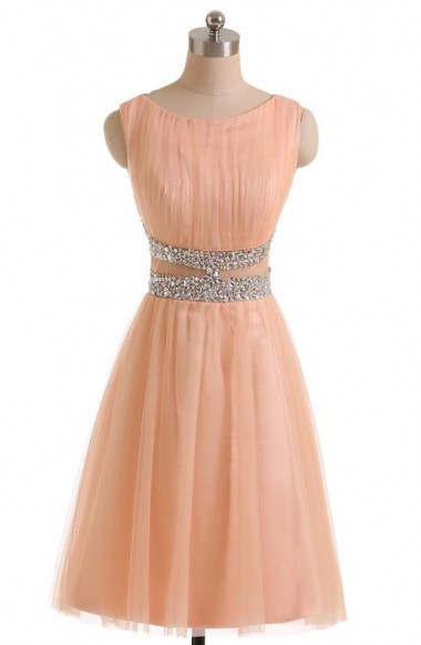 Homecoming Dresses,simple A-line Jewel Peach Tulle Homecoming Dress With Beads
