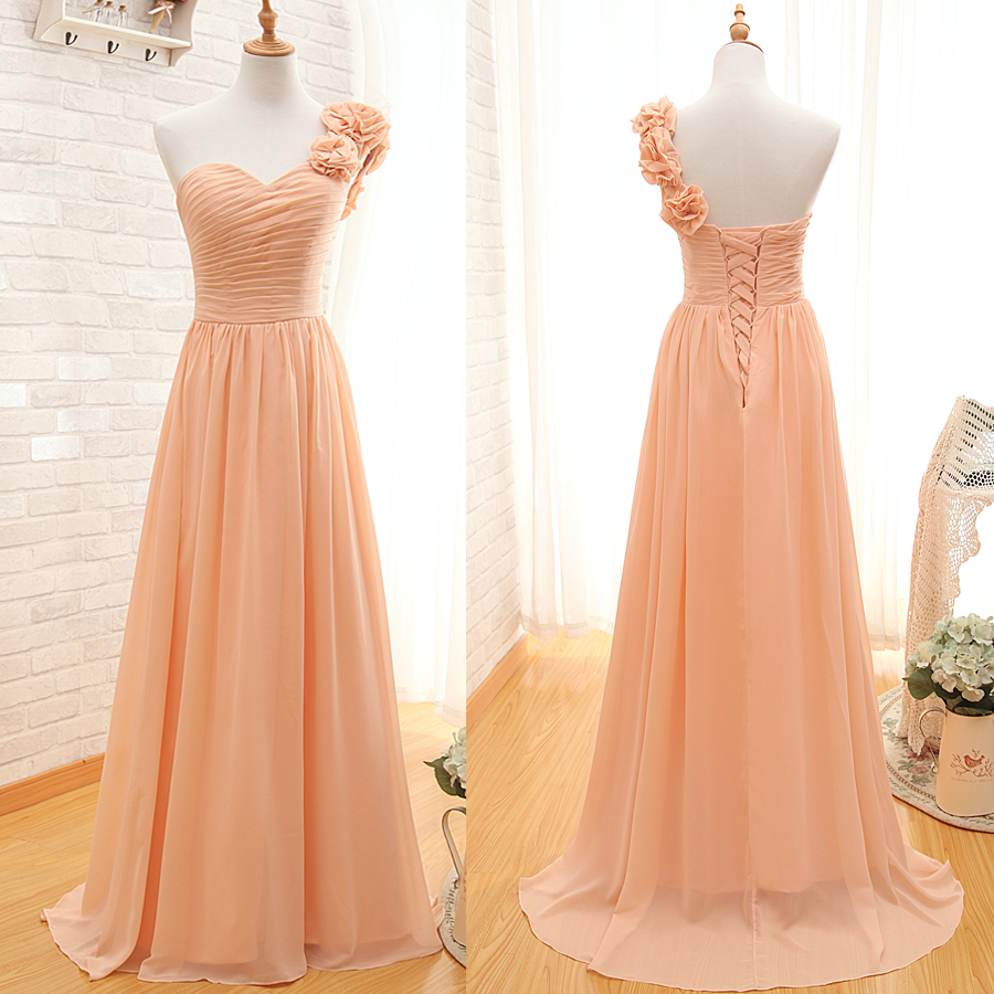 Floor Length Chiffon A-line Pleated Bridesmaid Dress Featuring Ruched Sweetheart Bodice With Floral Accent One Shoulder Strap And Lace-up