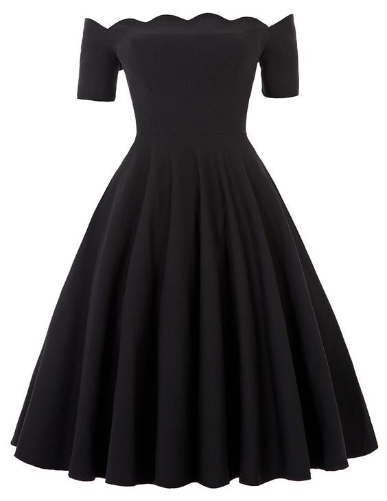 Black Off The Shoulder Tea Length A-Line Dress on Luulla