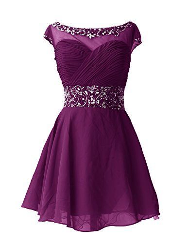 Purple Short Chiffon A-line Homecoming Dress Featuring Beaded Embellished Ruched Bodice With Bateau Neckline And Cap Sleeves
