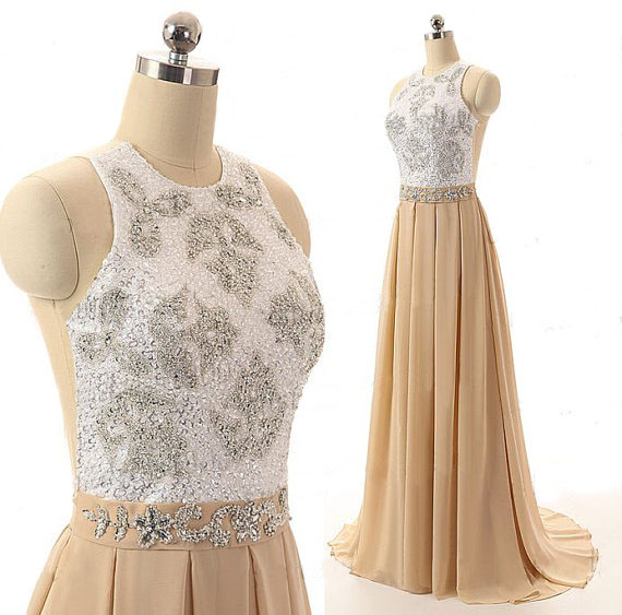 Champagne Floor Length Chiffon A-line Pleated Prom Dress Featuring Beaded Embellished Halter Neck Bodice