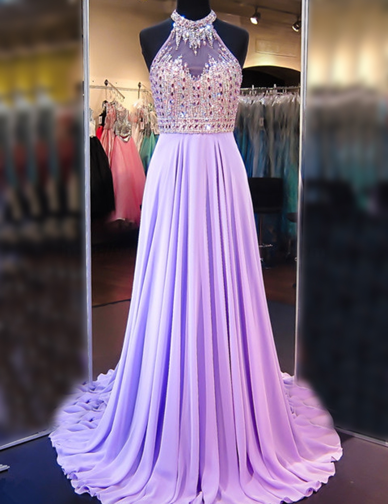 Prom Dresses,evening Dress,party Dresses,a Line Cowl Neck Sleeveless Long Pleated Beaded Lilac Prom Dress Open Back Prom Dresses
