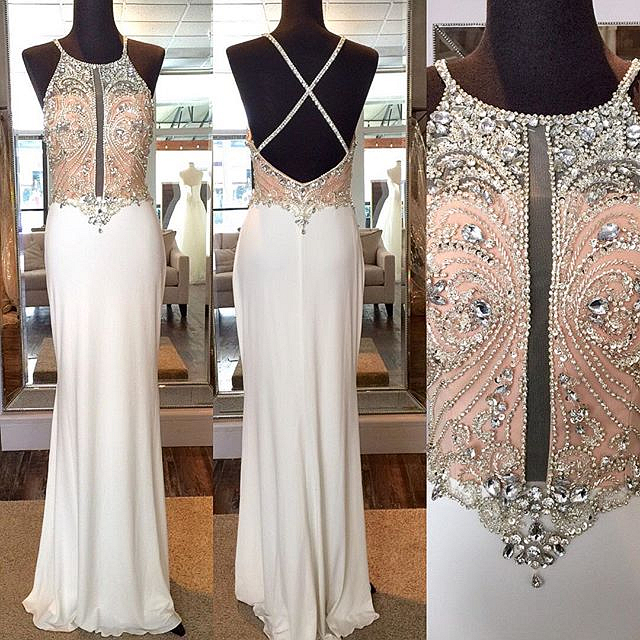 Prom Dresses,evening Dress,party Dresses,crystal Sheath Floor Length Evening Dresses Crossed Back Beading Party Gowns