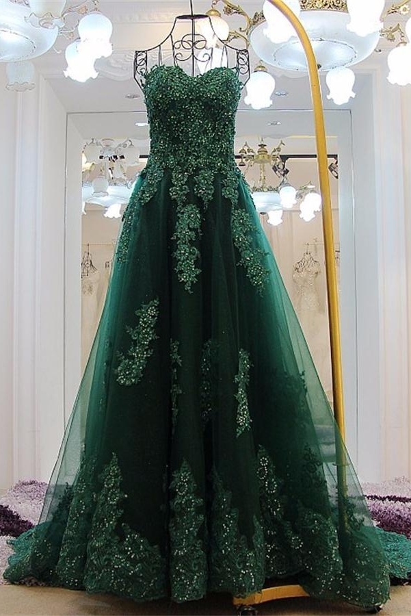 Forest Green Lace Appliqués Sweetheart Floor Length Tulle A-line Formal Dress Featuring Lace-up Back, Prom Dress