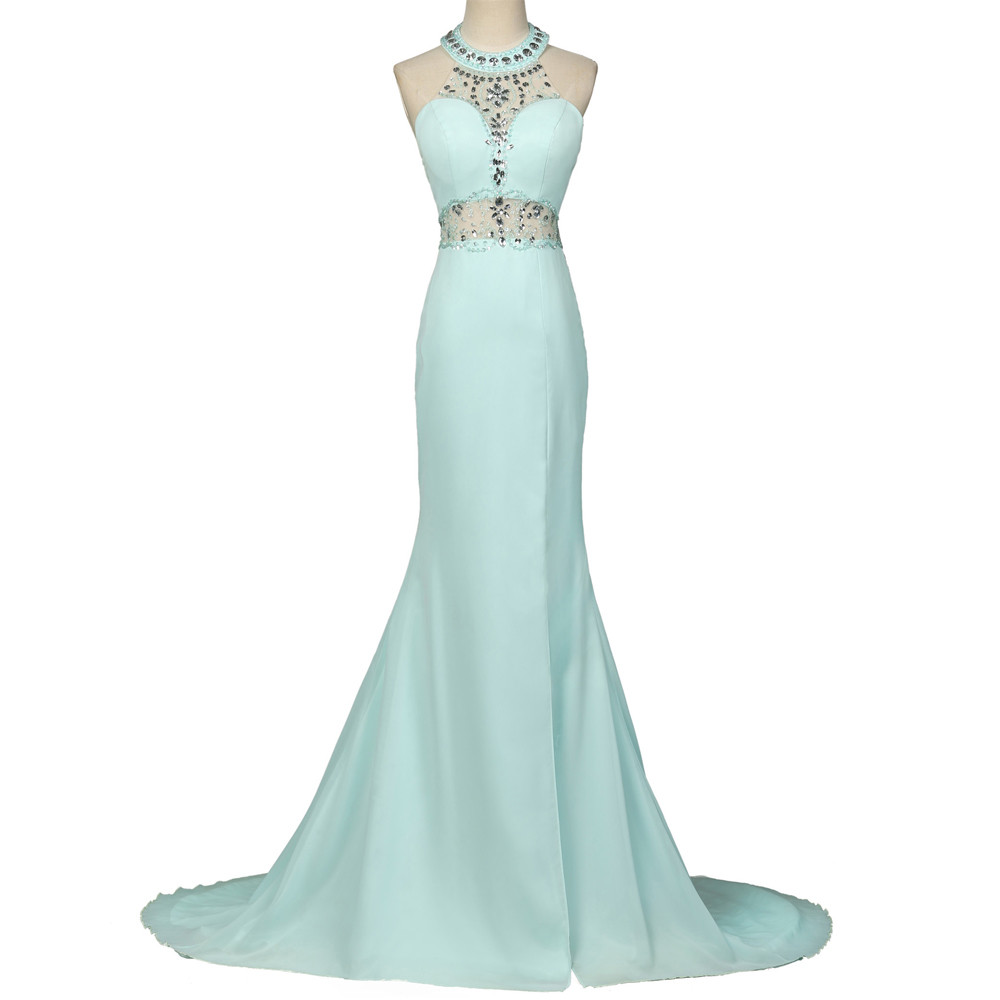 Light Blue Floor Length Chiffon Trumpet Prom Dress Featuring Beaded Embellished Halter Neck Bodice And Open Back Light Blue Floor Length Chiffon Trumpet Prom Dress Featuring Beaded Embellished Halter Neck Bodice And Open Back