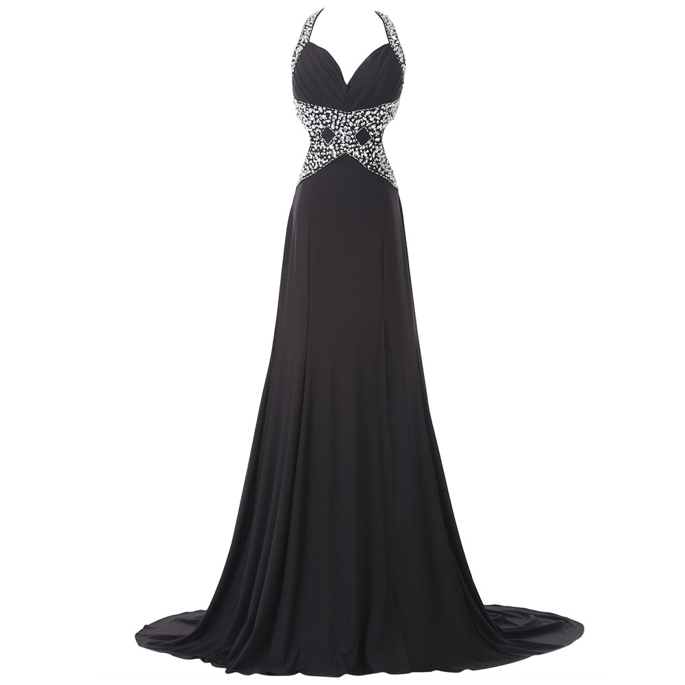 Prom Dresses,evening Dress,party Dresses,long Evening Dress Sexy Design Backless Black Jersey Beading Gown Halter Neck Women Evening Dresses 2017