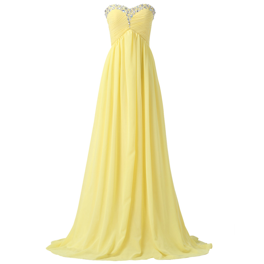 Beaded Trimmed Yellow Ruched Chiffon Sweetheart Floor Length A-Line Formal Dress Featuring Lace-Up Back, Prom Dress