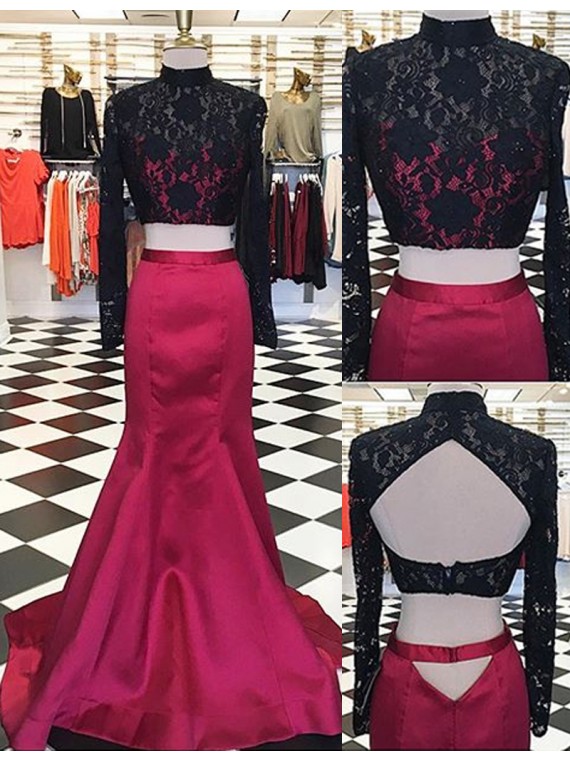 Prom Dresses,evening Dress,party Dresses,charming Two Piece High Neck Long Sleeves Open Back Long Burgundy Prom Dress With Lace Beading