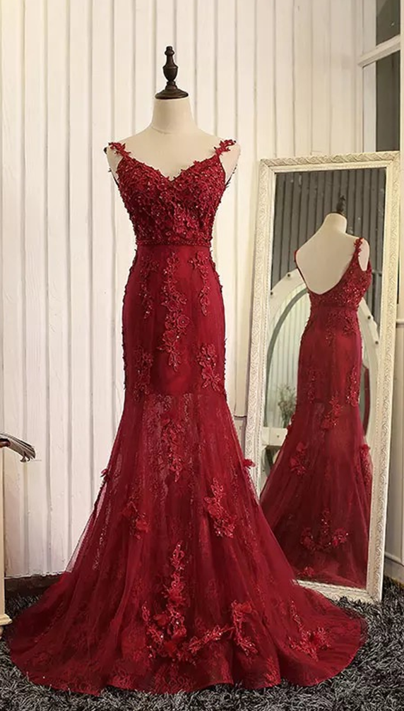 Prom Dresses,evening Dress,party Dresses,formal Dresses,straps Beads Mermaid Evening Dresses 2017 With Lace Appliques,red Pageant Gowns