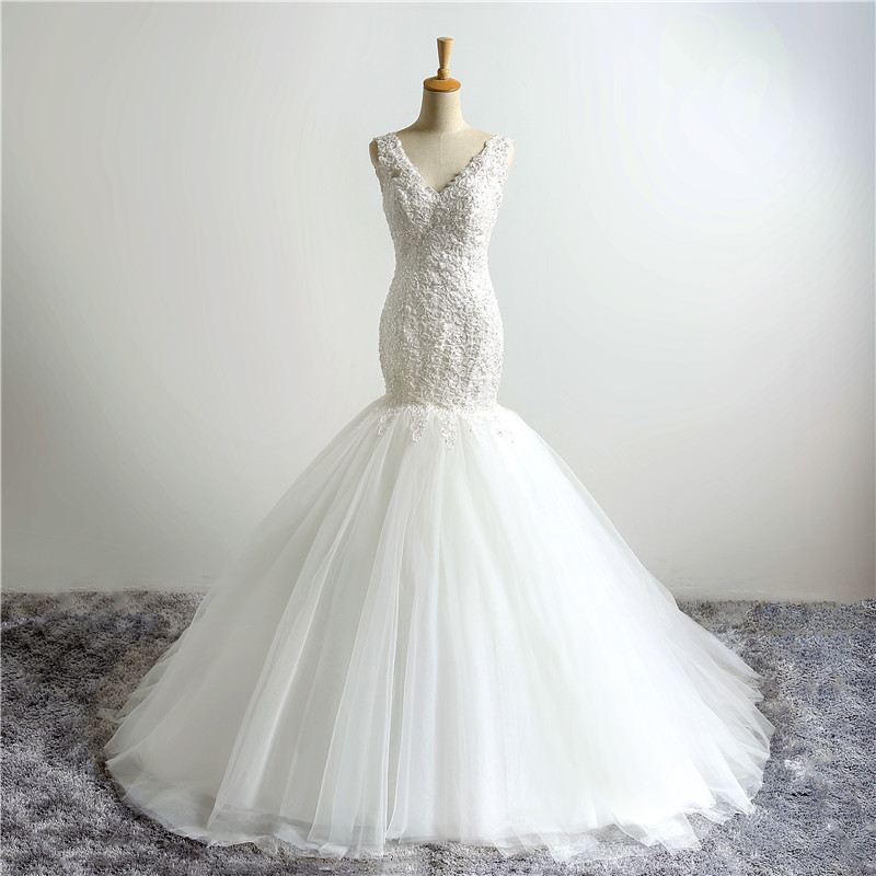 White Floor Length Tulle Mermaid Wedding Gown Featuring Lace Plunge V Bodice, Open Back And Lace-up Detailing