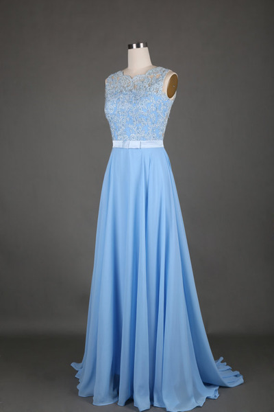 Charming Prom Dress,light Blue Chiffon Prom Dress,long Evening Dress,appliques Party Dress,high Quality Graduation Dresses,wedding Guest Prom