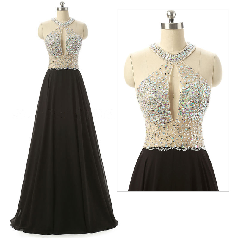 Black A-line Floor-length Chiffon Prom Dress With Sheer Beaded Halter Bodice